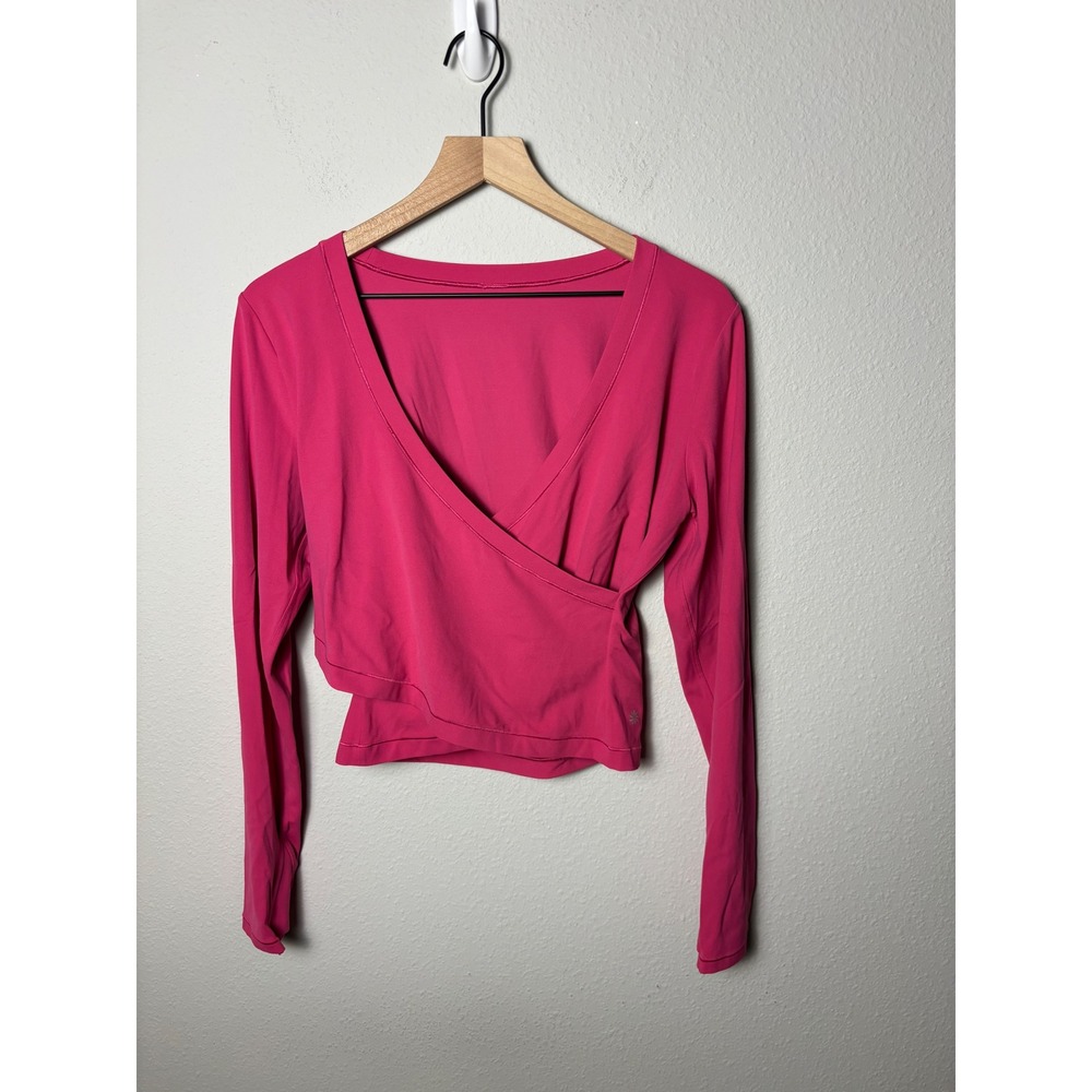 Athleta Transcend Wrap Long Sleeve Top Pink V-Neck Cropped Yoga Shirt Large